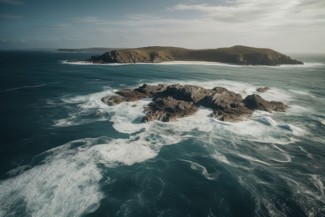 Aerial View of Crashing Waves on Rocky Coastline with Distant Island - Free Images, Stock Photos and Pictures on Pikwizard.com