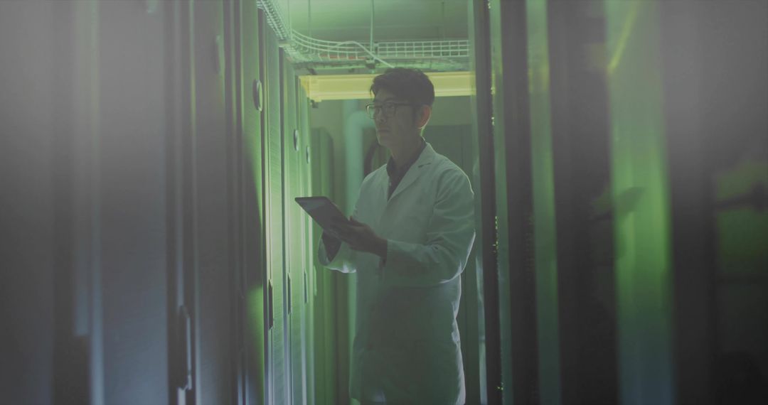 Technician wearing lab coat inspecting servers with tablet in green-lit data center aisle