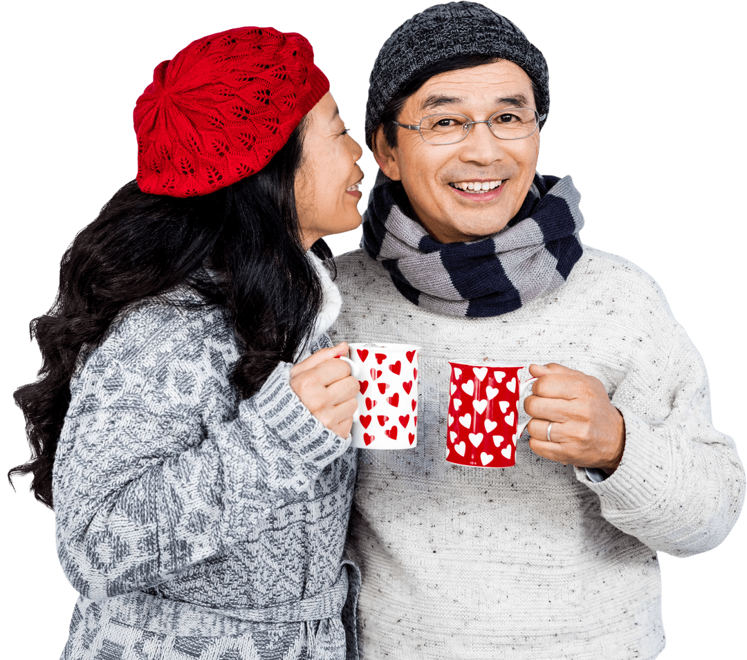 Older Couple Enjoying Hot Drinks in Winter Clothes, Transparent Background