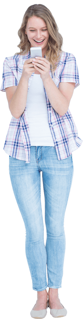 Young Woman Smiling at Smartphone Isolated Transparent