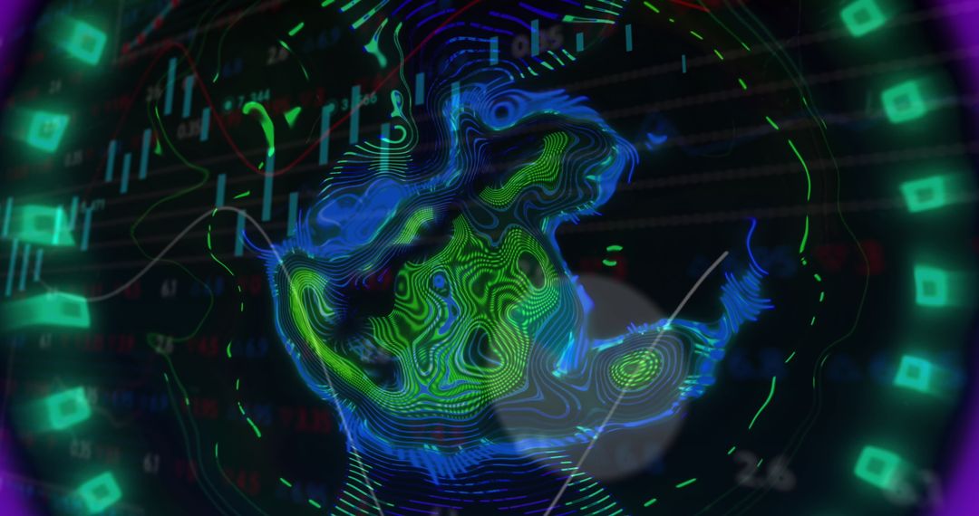 Digital Data Waves Flow Over Financial Graphs on Black Background
