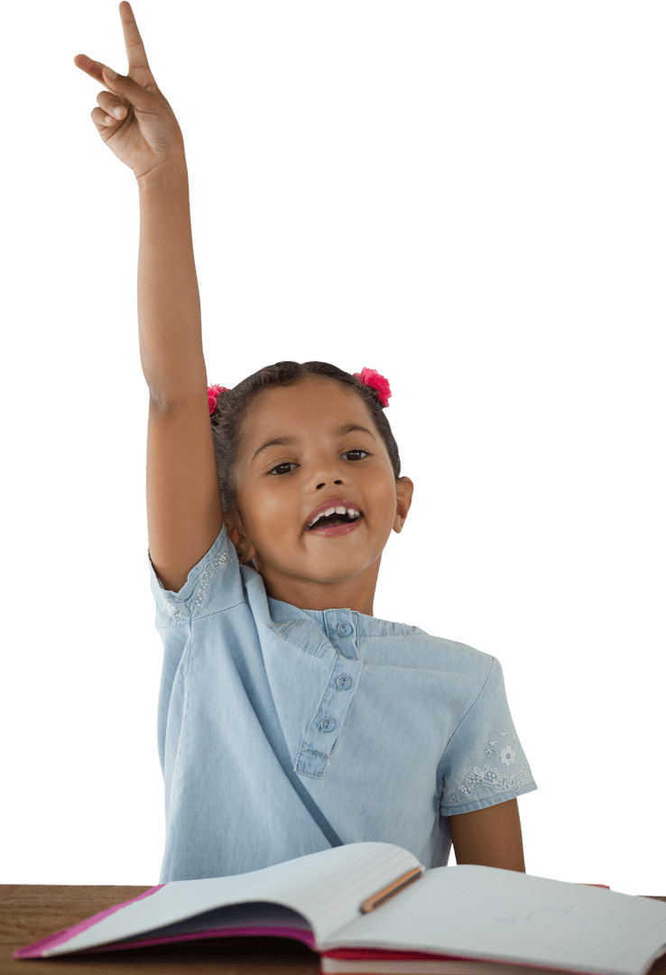 Enthusiastic Student Girl with Hand Raised on Transparent Background
