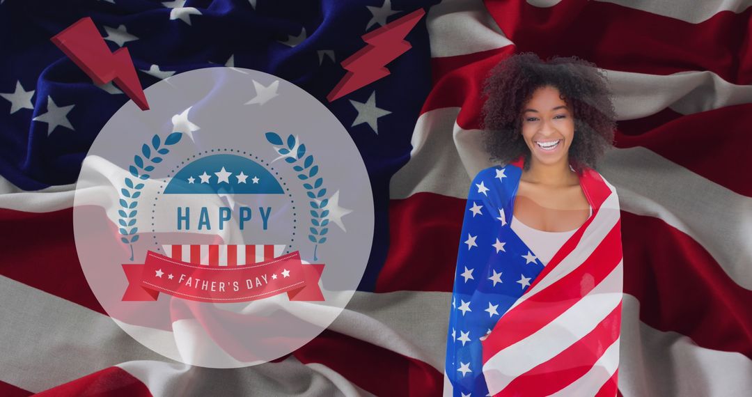 Woman Smiling with USA Flag on Happy Father's Day