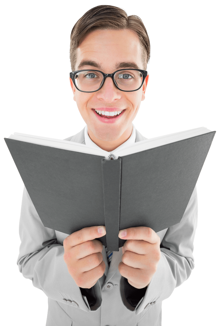 Joyful Transparent Man Holding Black Book Smiling