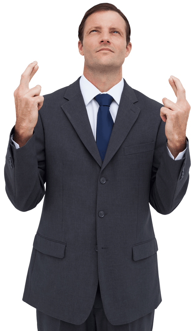 Hopeful Businessman Crossing Fingers Isolated on Transparent Background