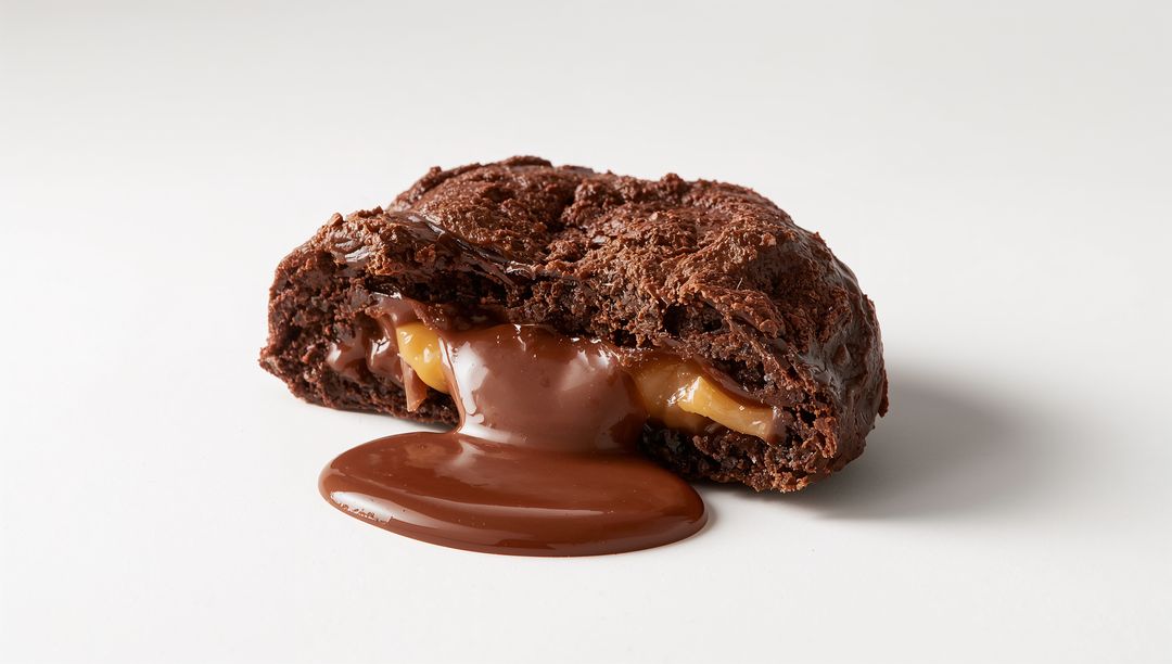 Broken Chocolate Cookie Oozing Molten Chocolate and Caramel on White Surface