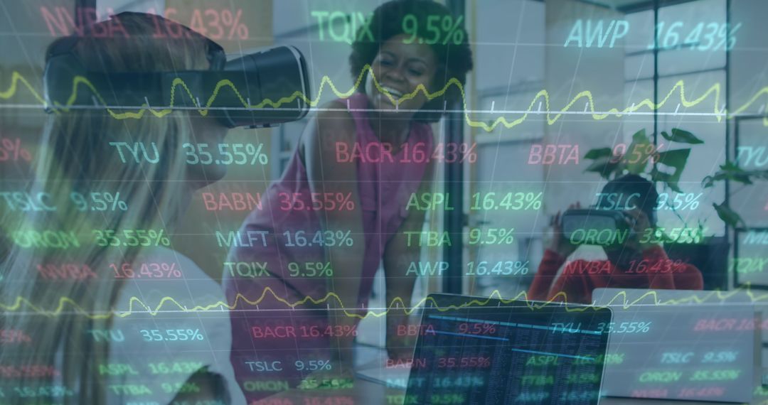 Multiracial Colleagues Using VR with Stock Market Data Overlay