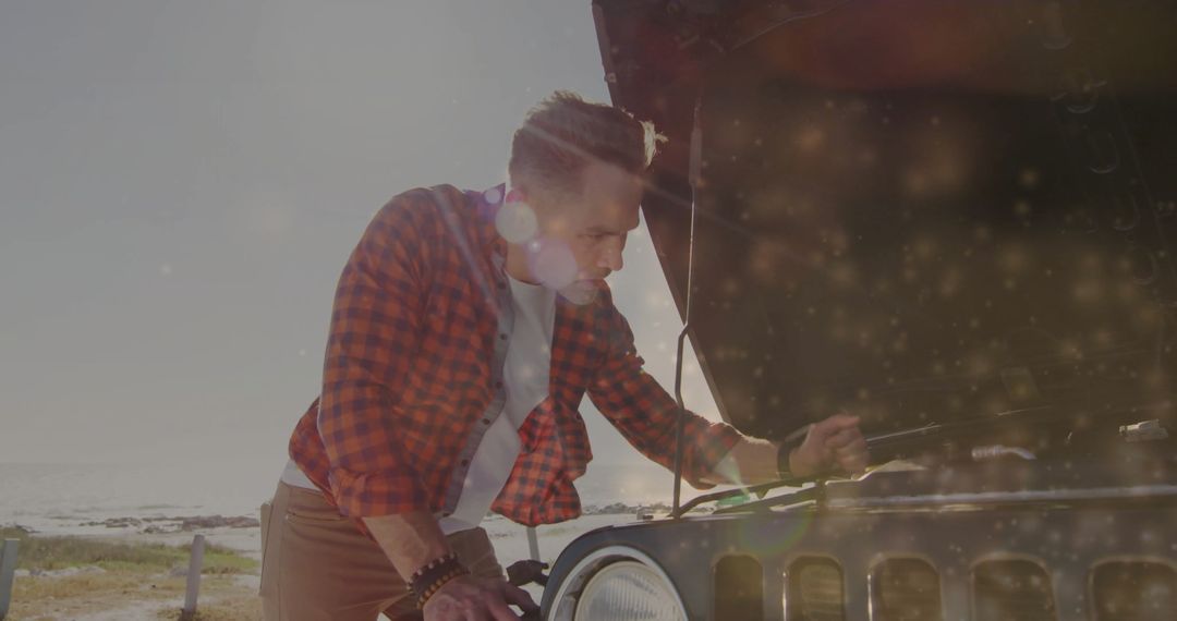 Mechanic Checking Car Engine by Coastal Roadside