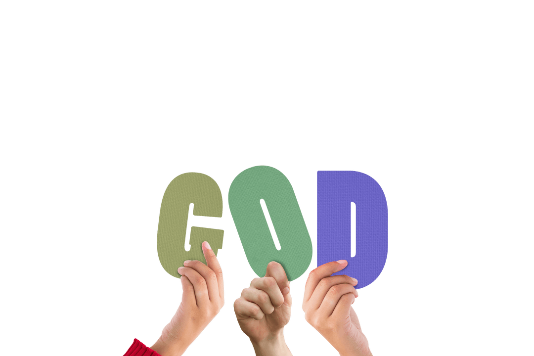 Hands Holding Colorful Transparent Letters Forming GOD