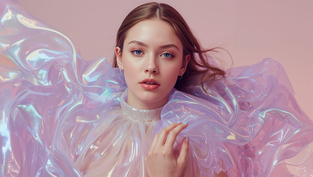 Elegant Model Posing in Iridescent Fashion with Soft Pink Background
