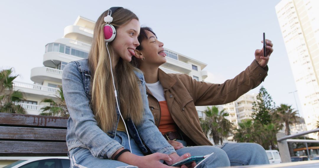 Friends Taking Selfie Outdoors with Smartphone and Headphones - Free Images, Stock Photos and Pictures on Pikwizard.com