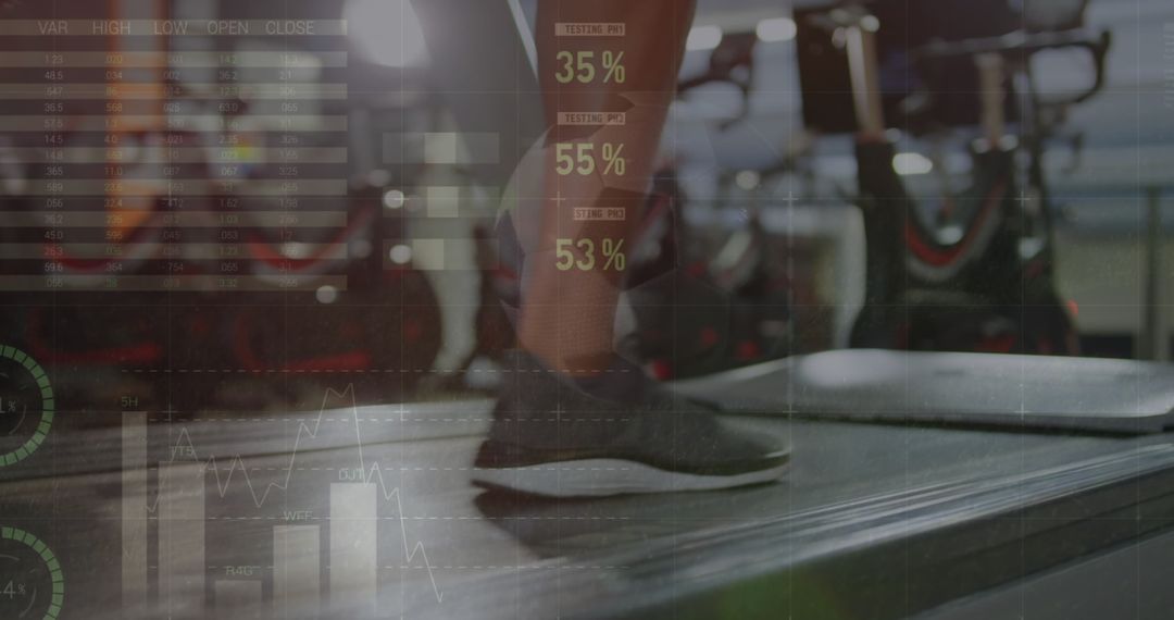 Woman Running on Treadmill with Statistical Data Overlay in Gym