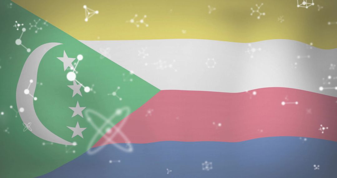 Waving Comoros Flag with Science Symbolism and Digital Icons