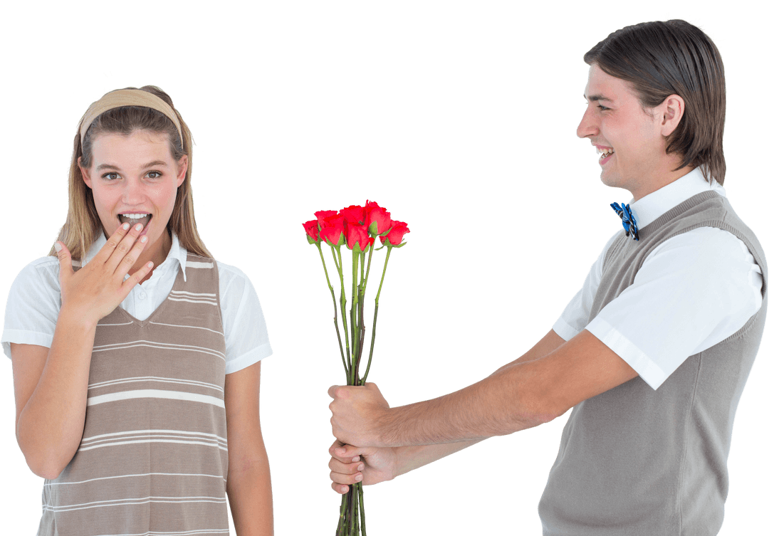 Geeky Hipster Offering Red Roses on Transparent Background