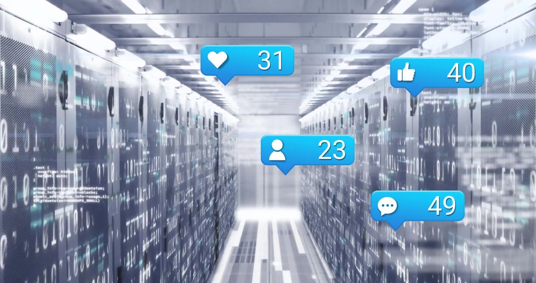 Digital Connectivity in Datacenter Aisle with Social Media Icons