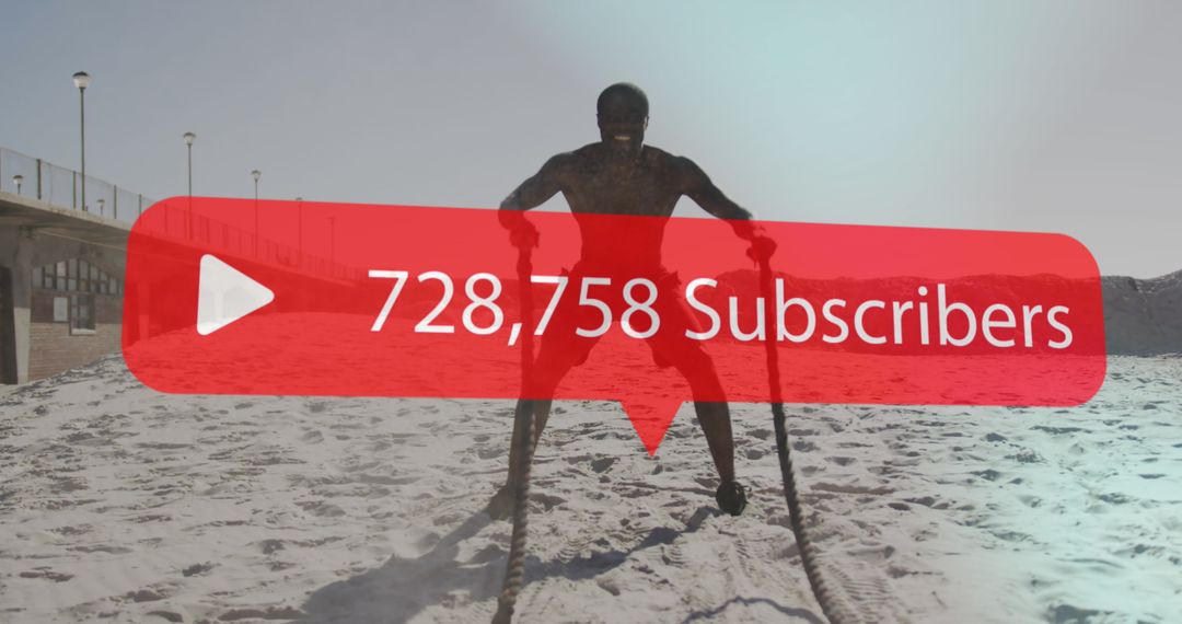 Man Exercising on Beach with Subscriber Count Overlay