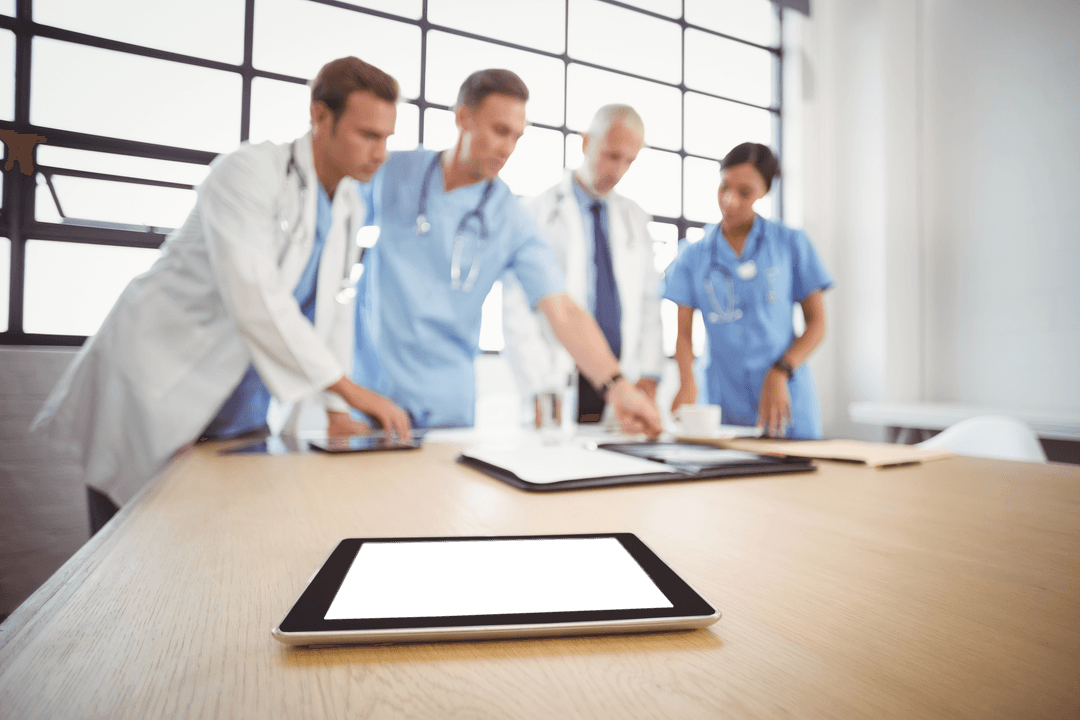 Transparent Doctors Collaborating with Blank Tablet Screen in Meeting