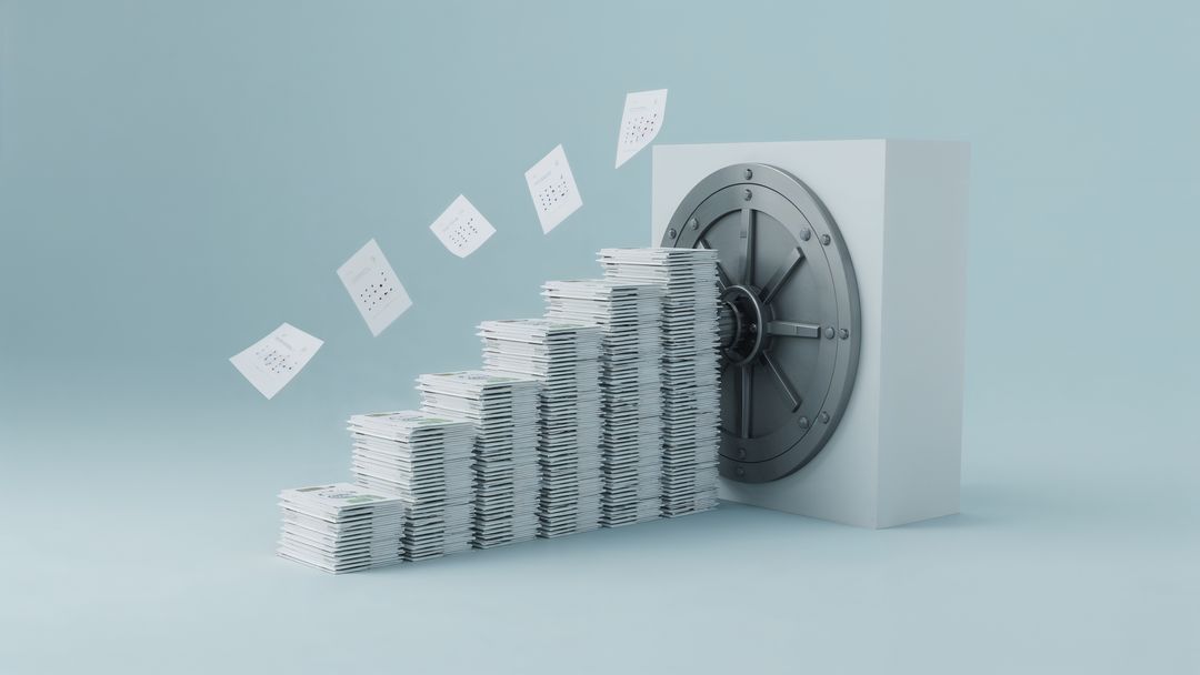 Conceptual Paper Trail Leading to Secure Vault Door with Floating Sheets