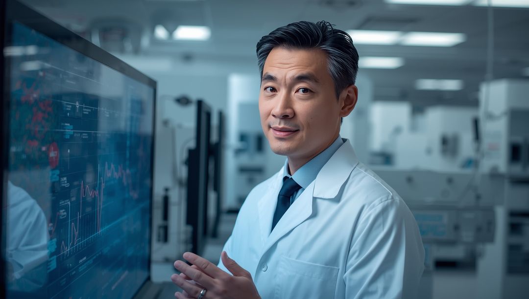 Scientist Interacting with Touchscreen in High-Tech Laboratory
