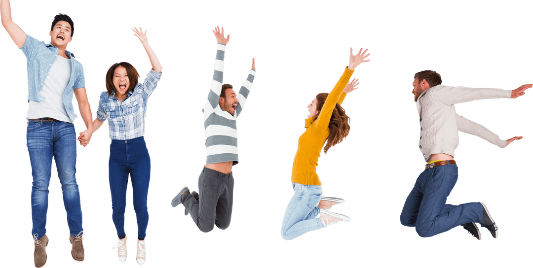Diverse Group of Joyful People Jumping on Transparent Background