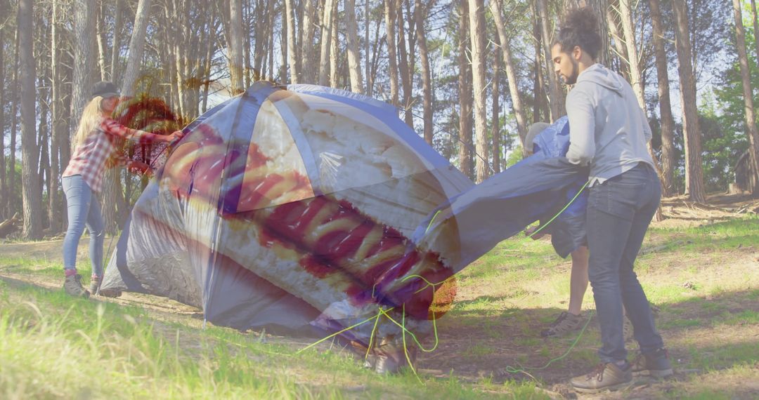 Friends Setting Up Tent in Sunnyside Forest Clearing