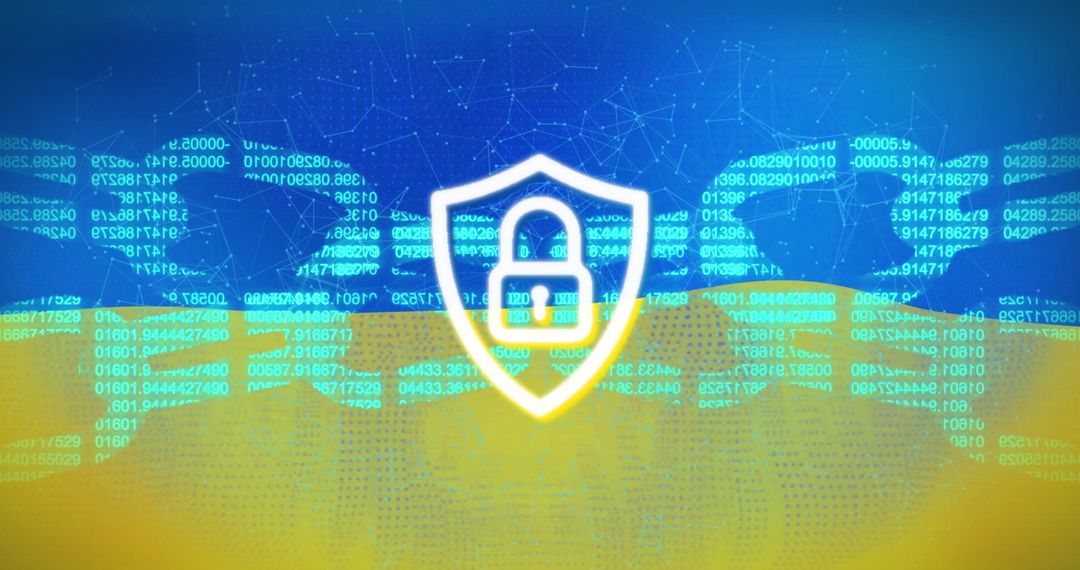 Shield with Padlock and Blockchain Over Ukraine Flag