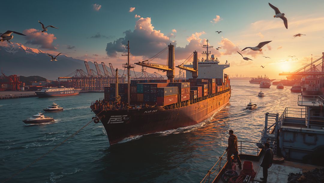 Container Vessel Navigating Busy Port at Sunset with Stacked Containers and Dock Cranes