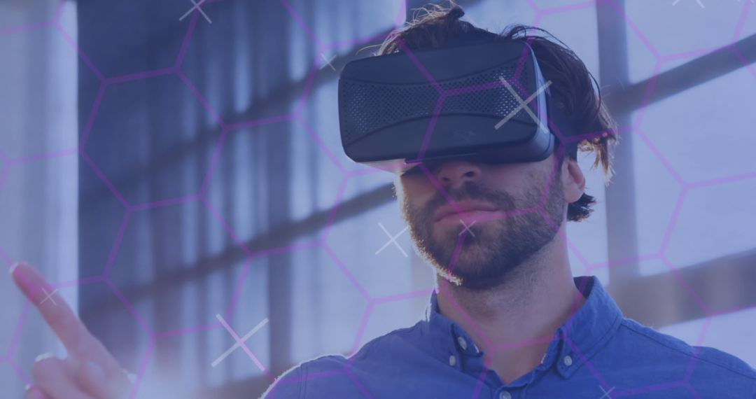 Man Immersed in Virtual Reality Wearing VR Headset