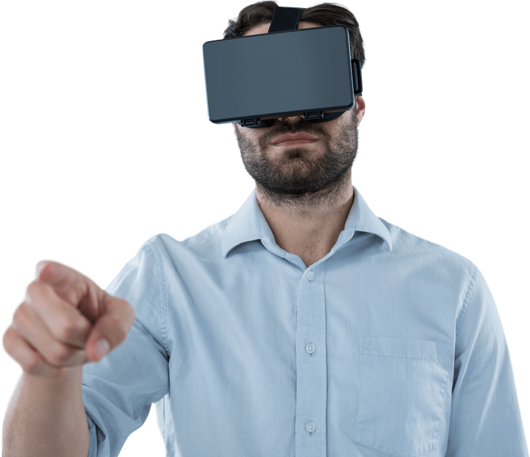 Transparent background man using virtual reality headset pointing