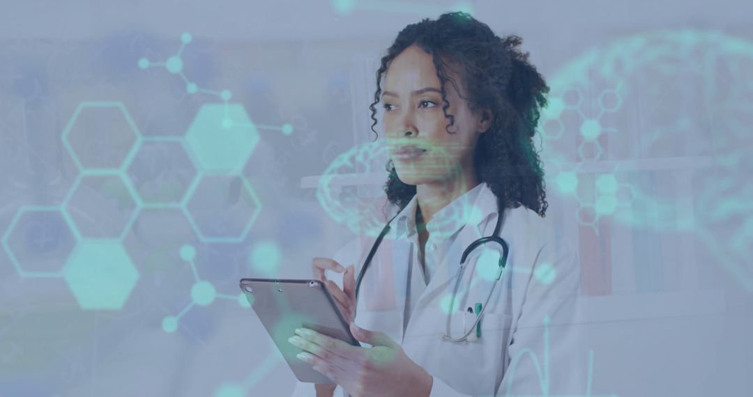 Biracial Female Scientist with Digital Interface Concept in Laboratory