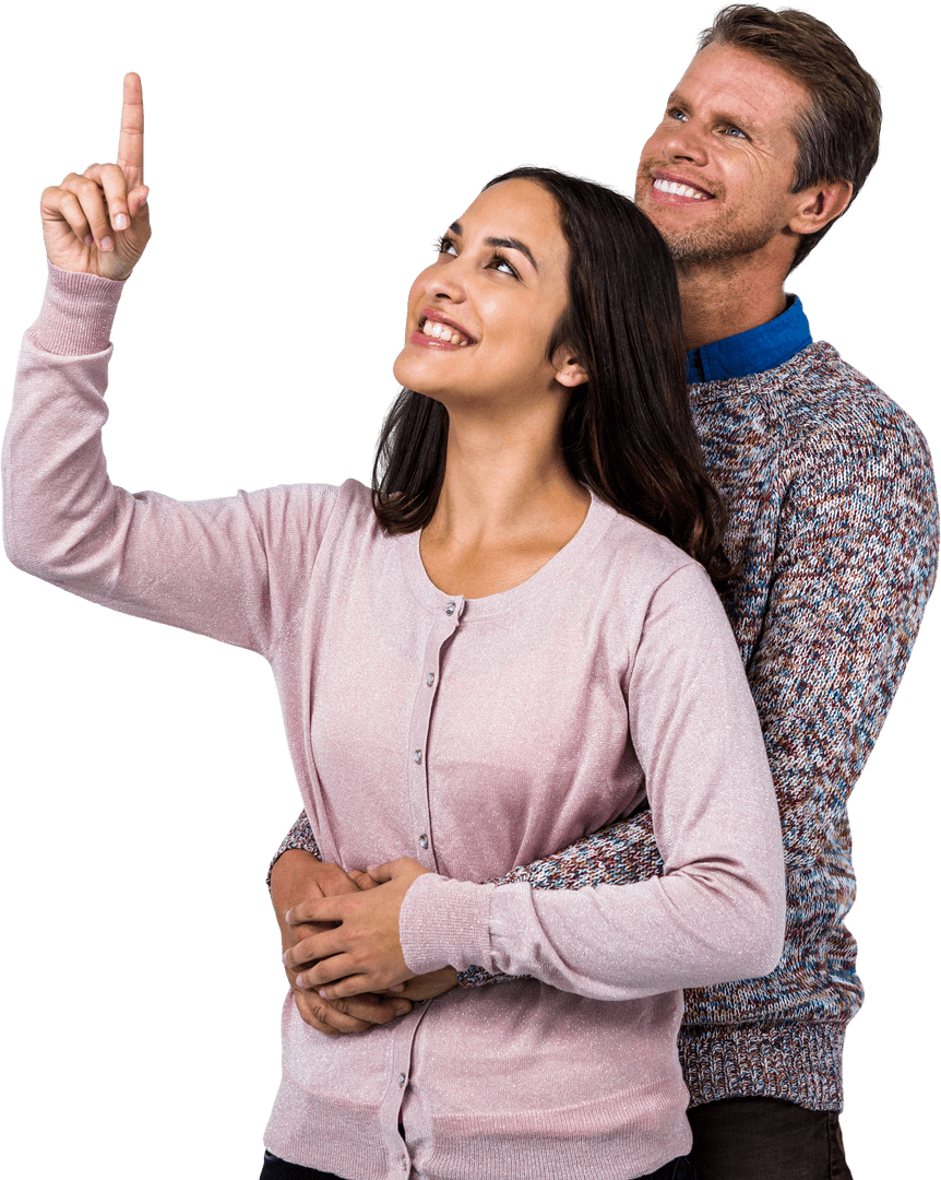 Happy Couple Embracing with Woman Pointing Up, Transparent Background