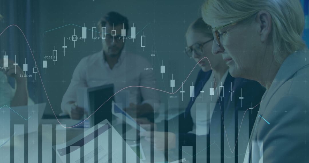 Team Collaborating on Financial Strategy with Digital Data Overlay