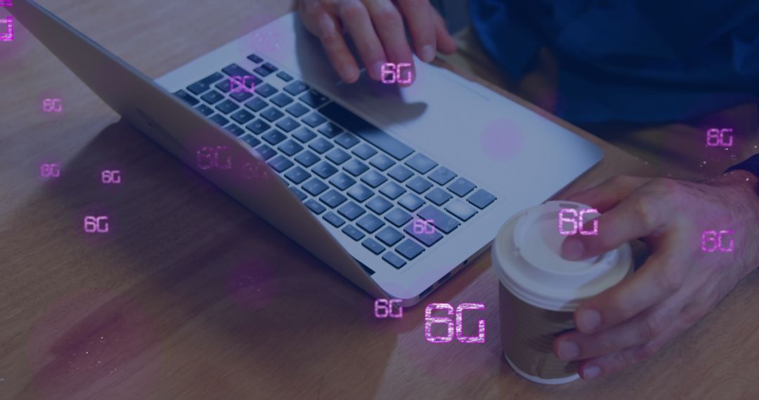 Concept of 6G Technology with Man Using Laptop and Coffee