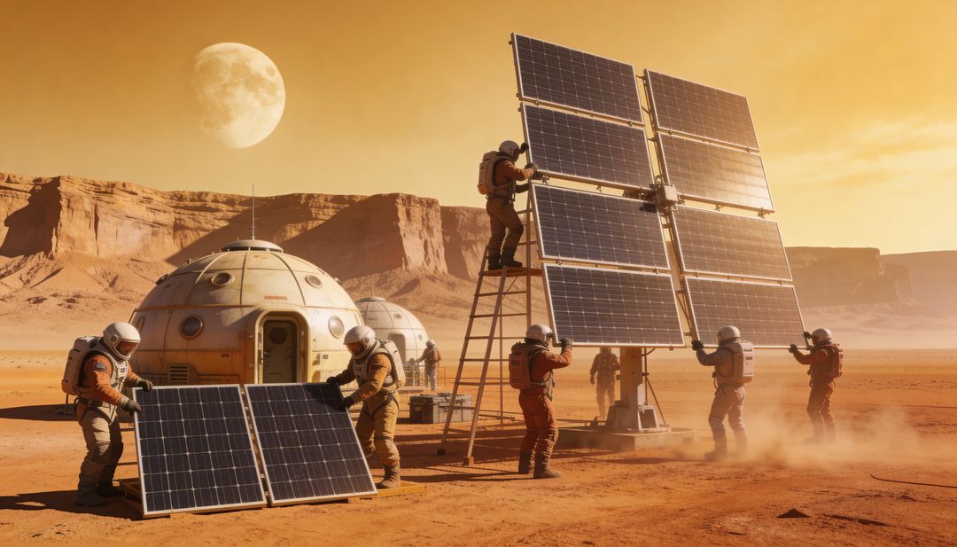 Astronauts Installing Solar Array at Mars Outpost, Mounting Panels on Tower at Sunset