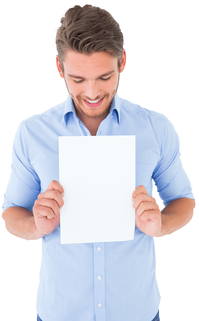 Smiling Young Man Holding Blank Page Transparent Background