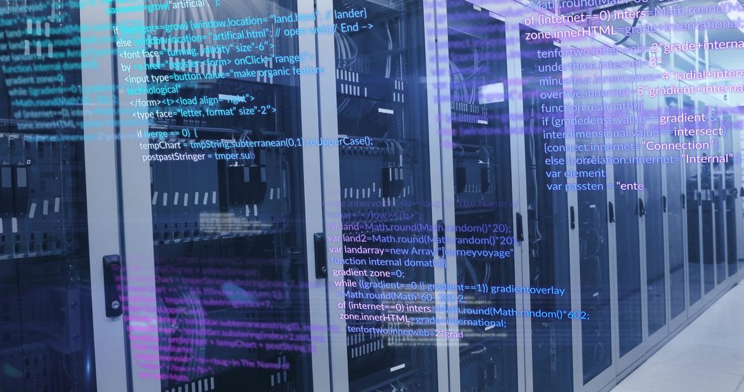 Server Room with Digital Code and Luminous Lights