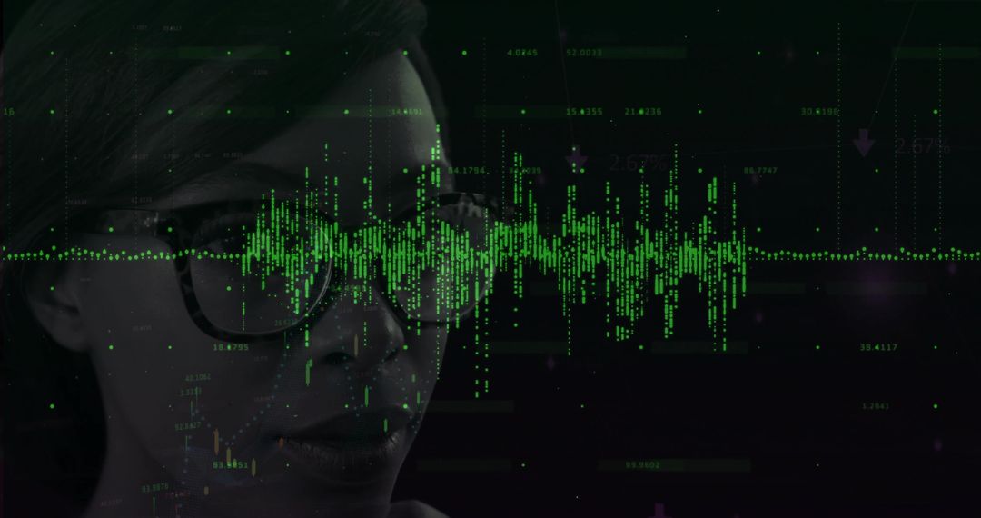 Businesswoman Analyzing Data with Digital Waveform Overlay
