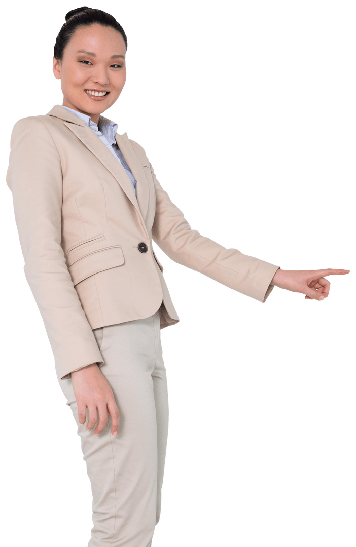 Transparent Smiling Businesswoman Pointing Finger