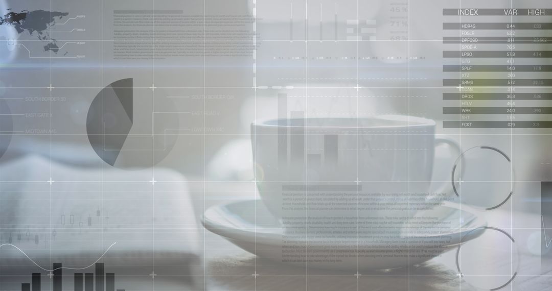 Coffee Cup with Digital Data Interface Overlay