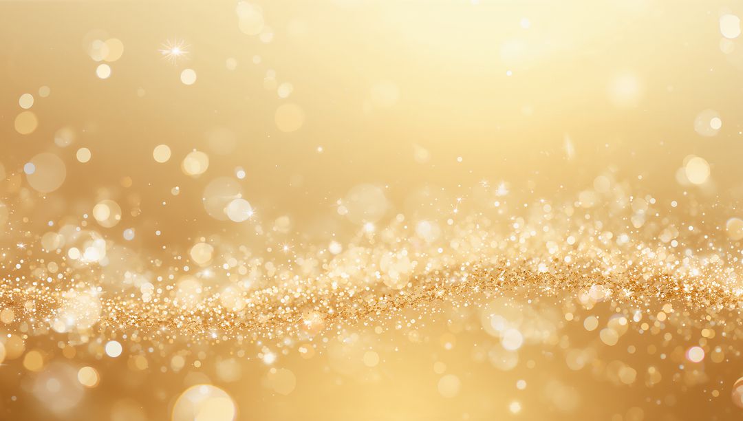 Golden glitter wave on soft bokeh backdrop with sparkling light flares for festive design