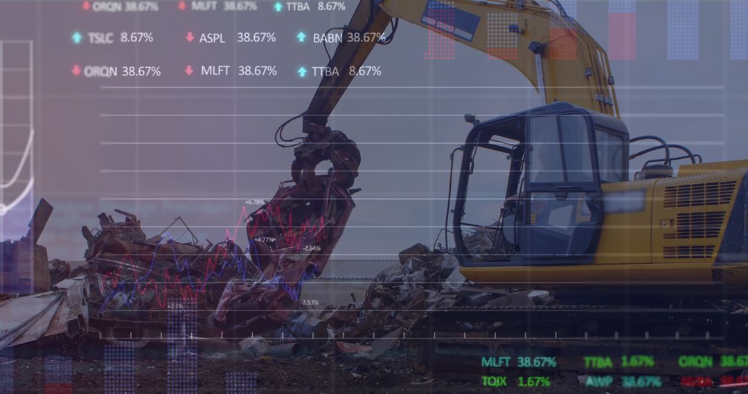 Stock Market Data Overlay with Hydraulic Excavator in Junkyard