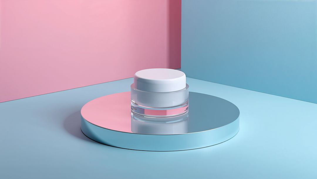 Luxury Glass Cosmetic Jar on Pastel Mirror Pedestal