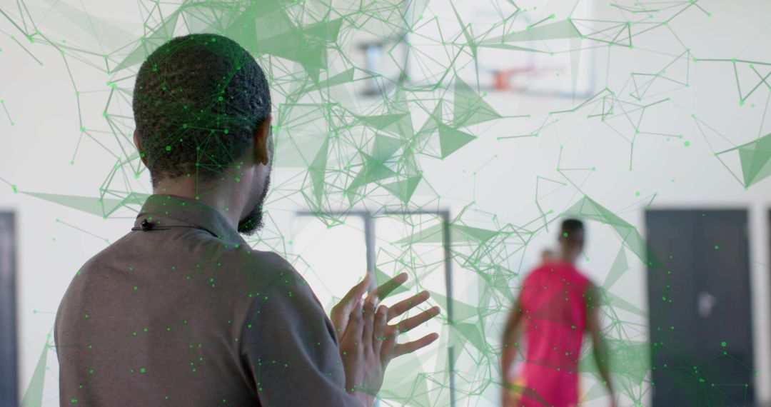 Coach Guiding Athlete with Digital Wireframe Overlay in Gym