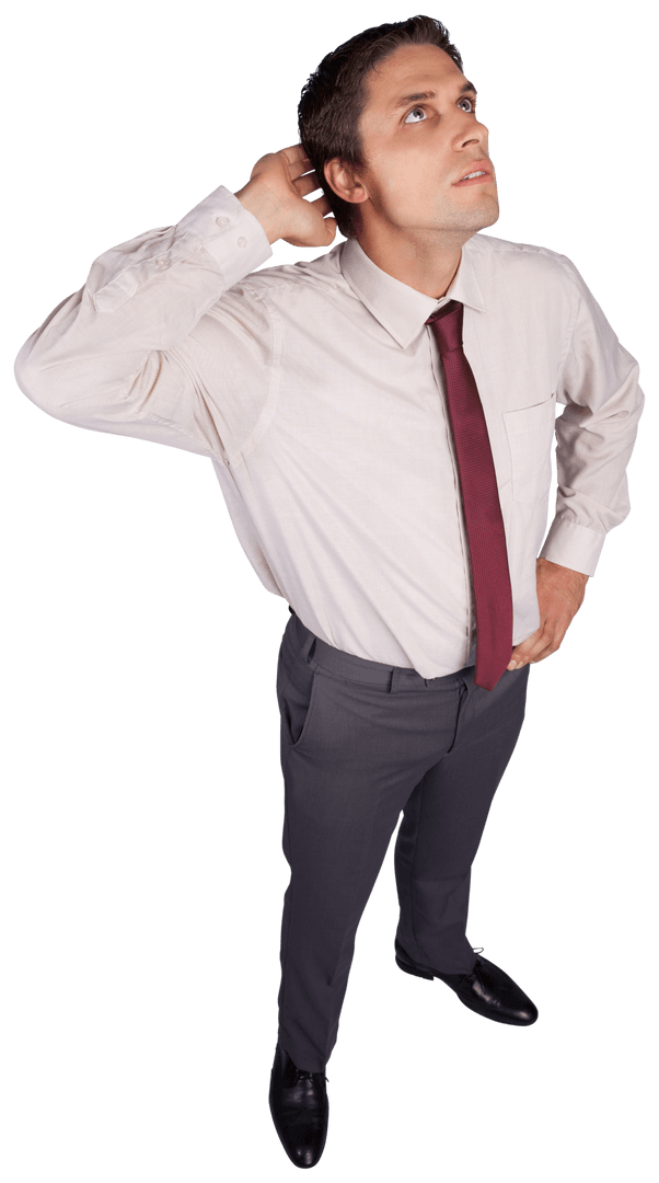 Transparent Businessman Suit Deliberating Pose Looking Up