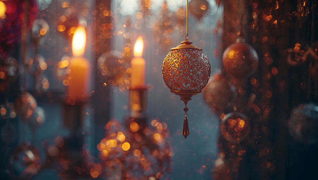 Elegant Filigree Lantern with Glowing Candlelight in Festive Ambiance