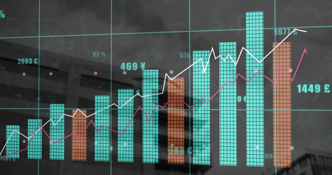 Financial data dashboard showing rising bar charts and trend lines over city glass facade