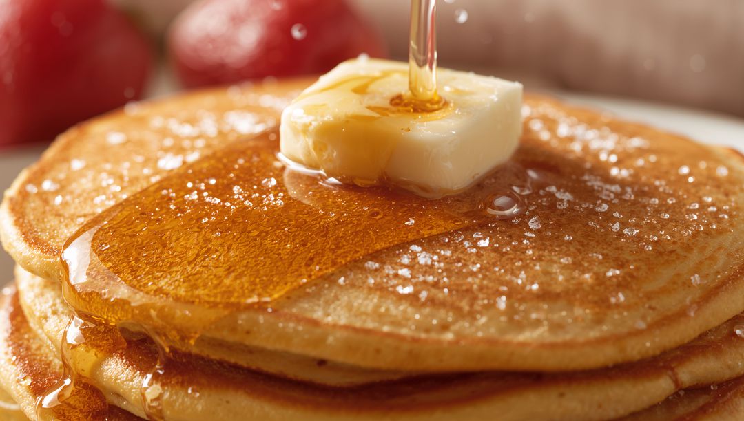 Drizzling Maple Syrup Over Buttered Pancake Stack with Sparkling Sugar Crystals