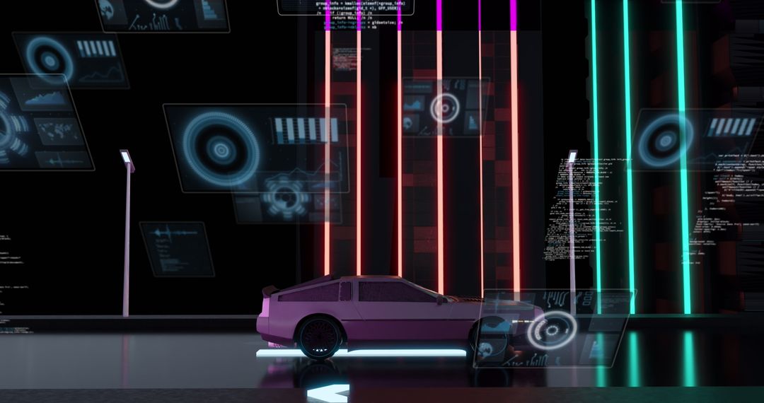 Electric Car in Futuristic Landscape with Digital Interface