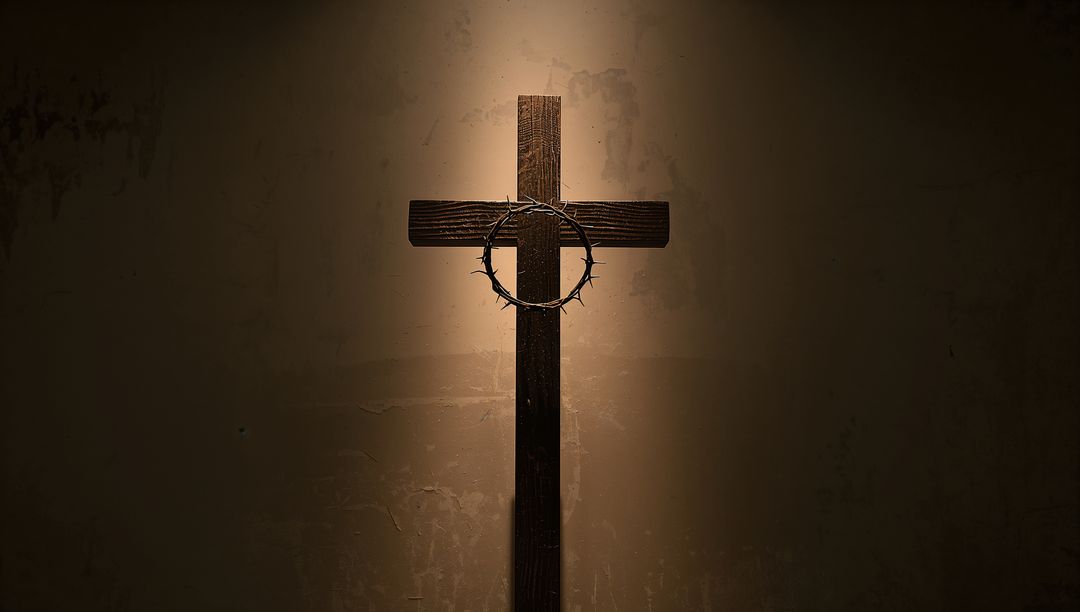 Illuminated Wooden Cross with Crown of Thorns in Chapel