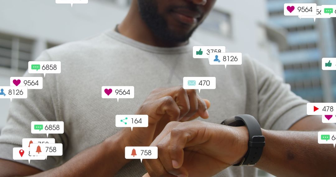 African American Man Using Smartwatch with Social Media Notifications